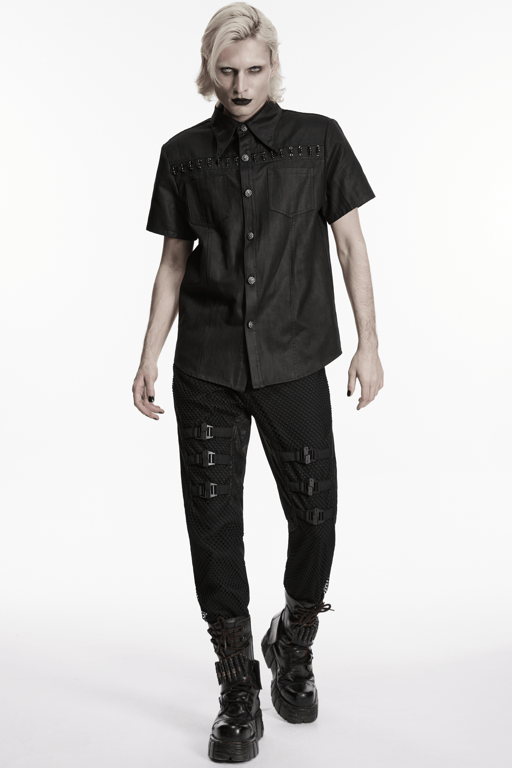 Bold Black Washed Suede Punk Shirt with Metal Trim for Men worn with edgy pants and boots.