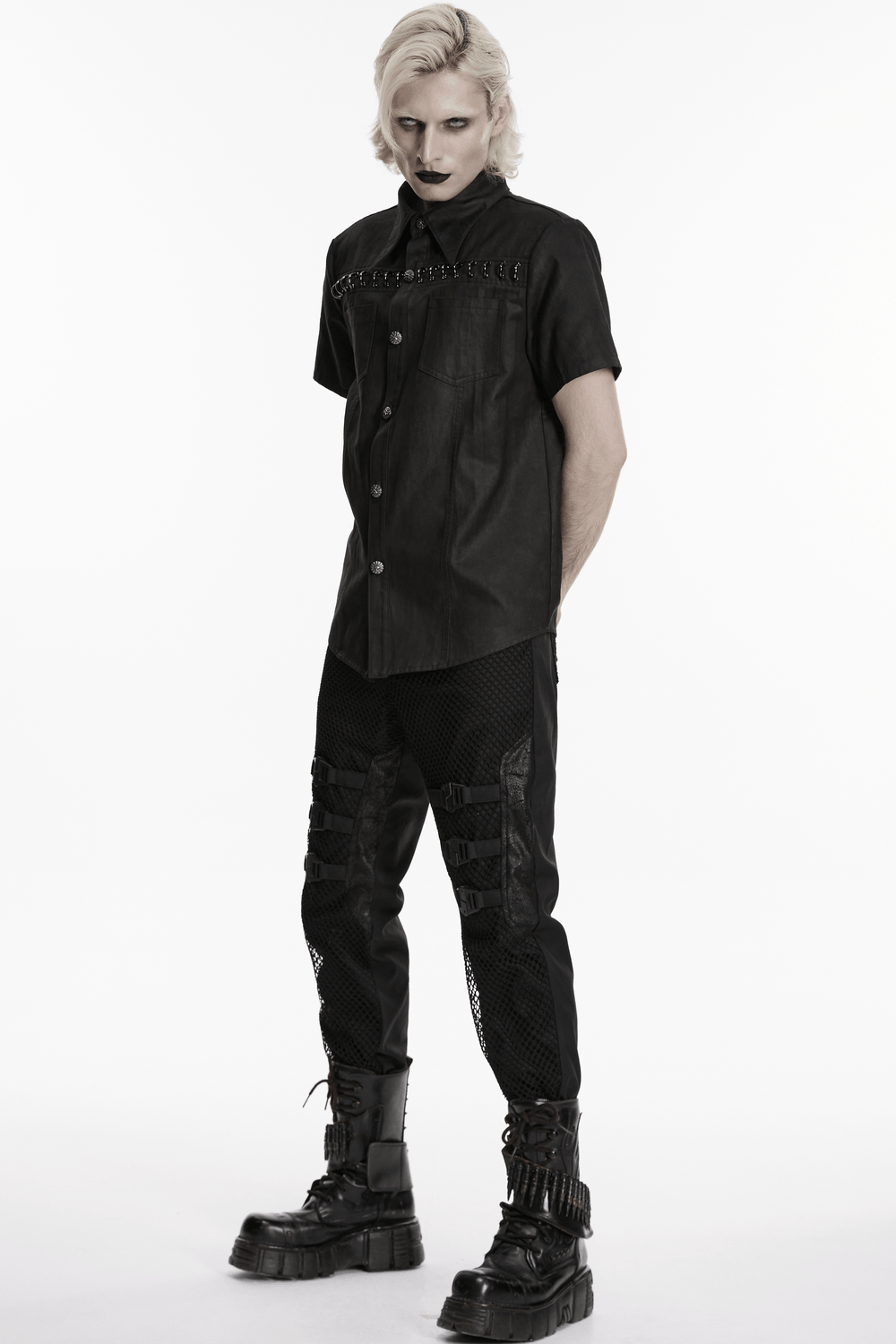 Bold Black Washed Suede Punk Shirt with Metal Trim for Men worn with edgy pants and boots.