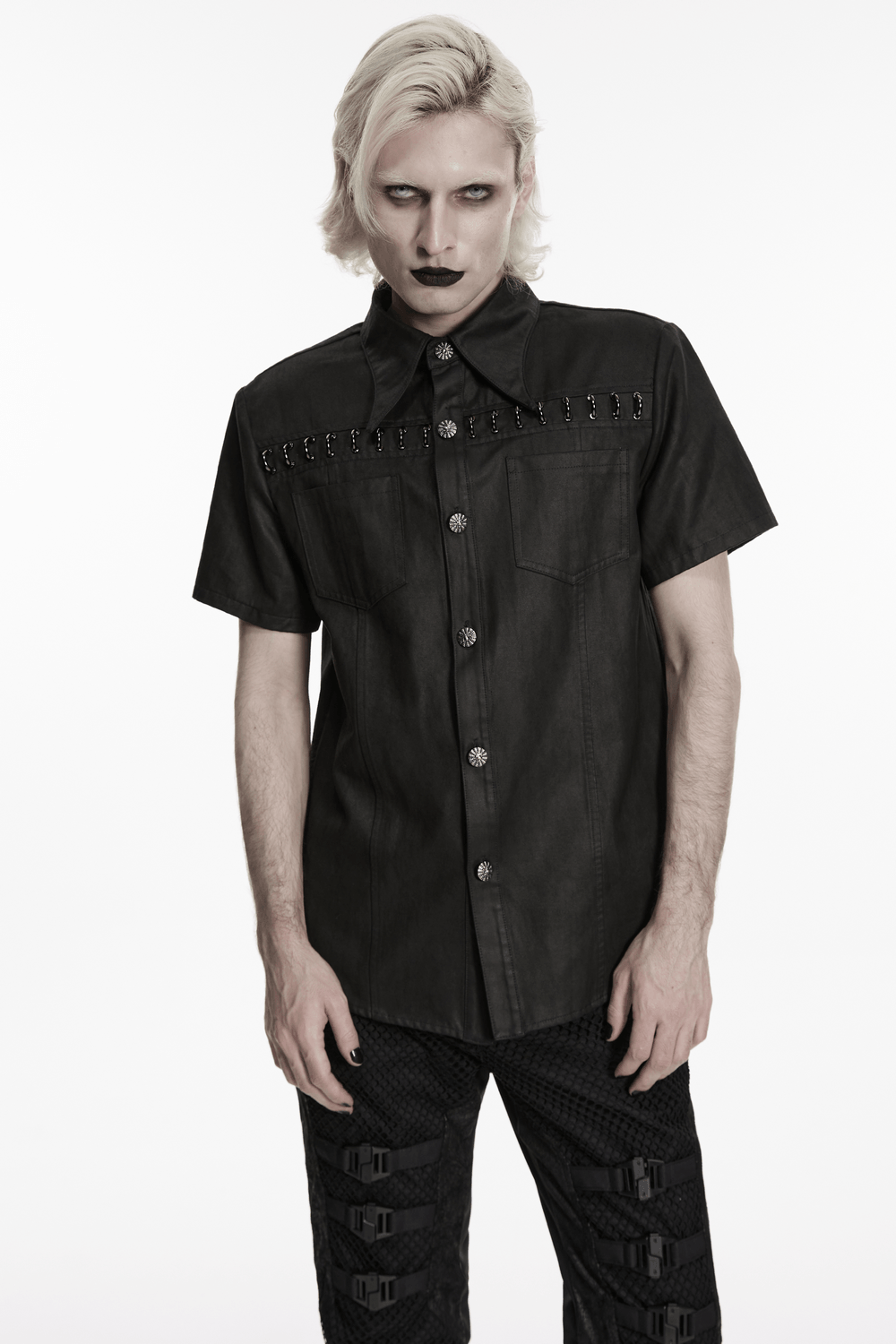 Bold Black Washed Suede Punk Shirt with Metal Trim for Men worn by a model with a punk style.