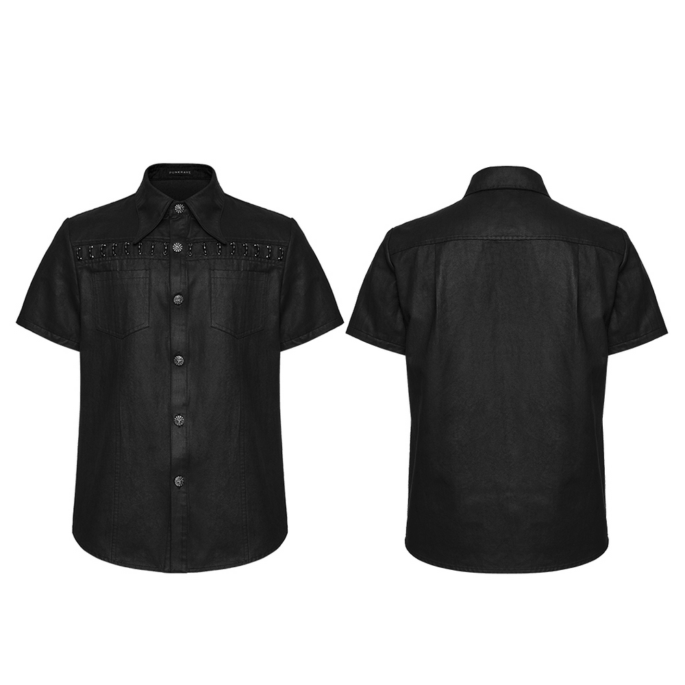 Bold Black Washed Suede Punk Shirt with Metal Trim for Men - front and back view showcasing pockets and metal trim.