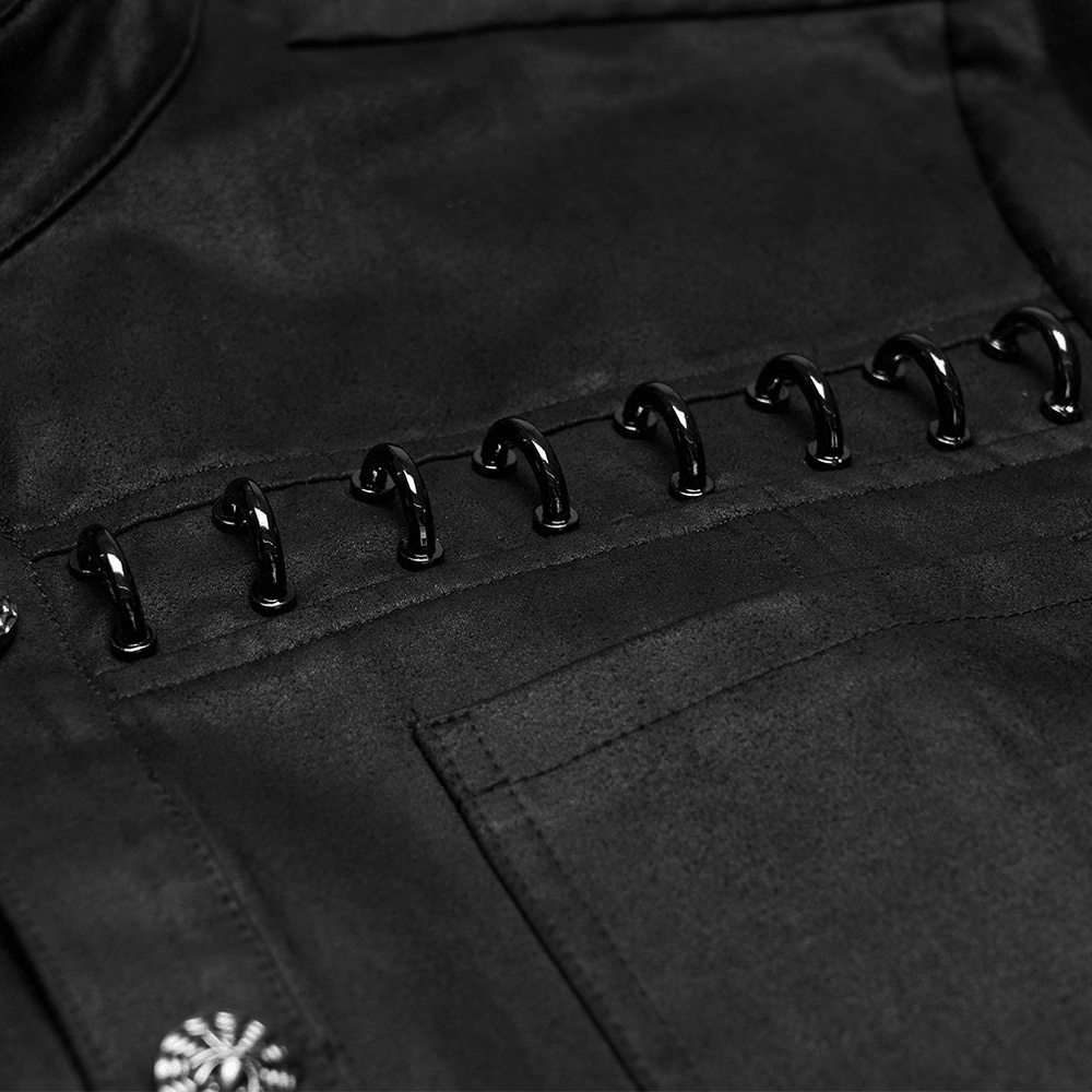 Bold Black Washed Suede Punk Shirt with Metal Trim for Men close-up detailing metal trim.