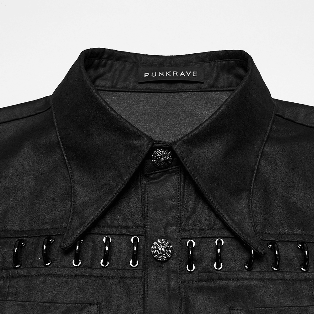 Bold Black Washed Suede Punk Shirt with Metal Trim for Men close-up featuring metal trim details and pockets.