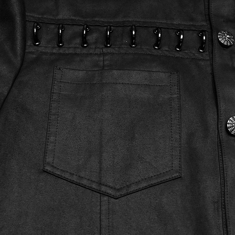 Bold Black Washed Suede Punk Shirt with Metal Trim for Men - close-up of pocket and metal trim details.