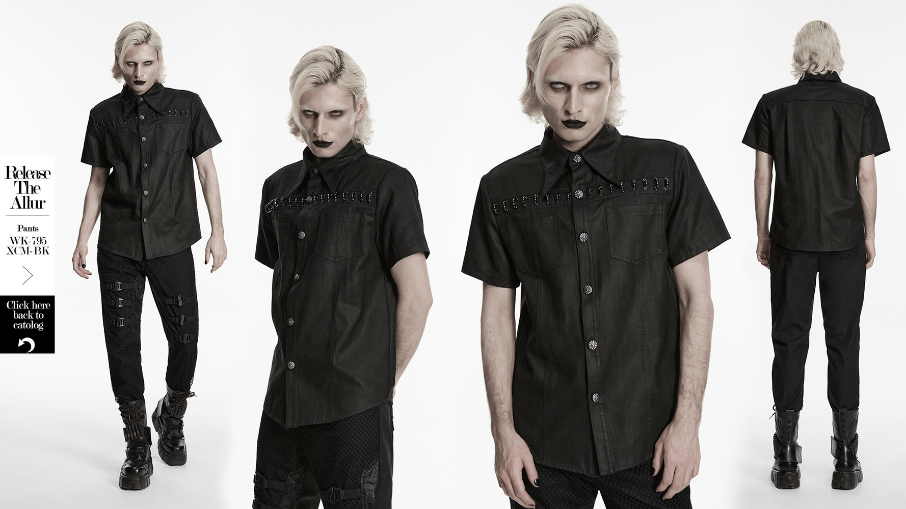 Bold Black Washed Suede Punk Shirt with Metal Trim for Men on model, showcasing front pockets and striking design details.