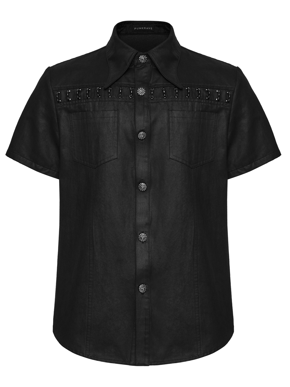 Bold Black Washed Suede Punk Shirt with Metal Trim for Men featuring front pockets and stylish metal detail.