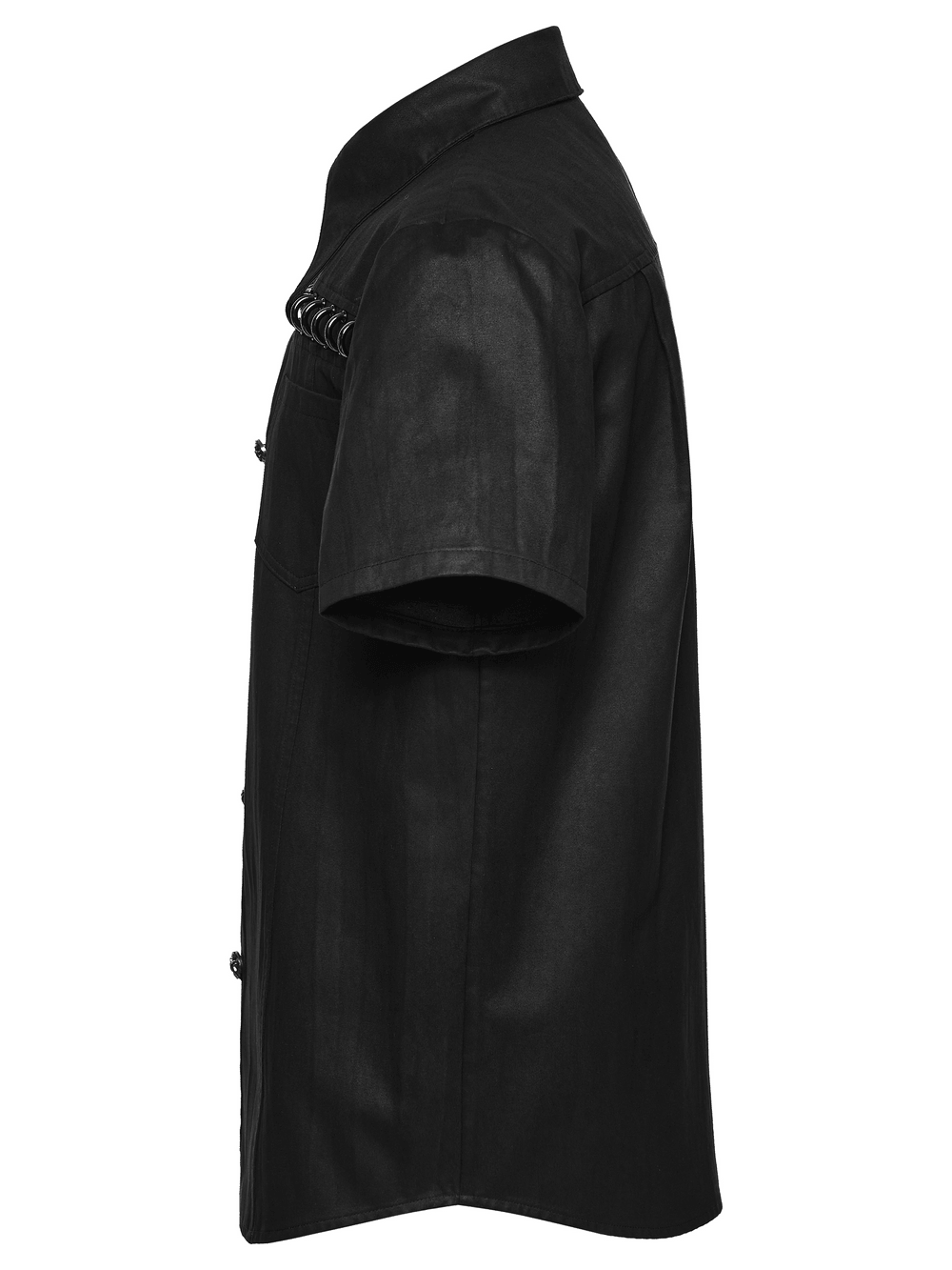 Bold Black Washed Suede Punk Shirt with Metal Trim for Men side view showcasing its edgy design.