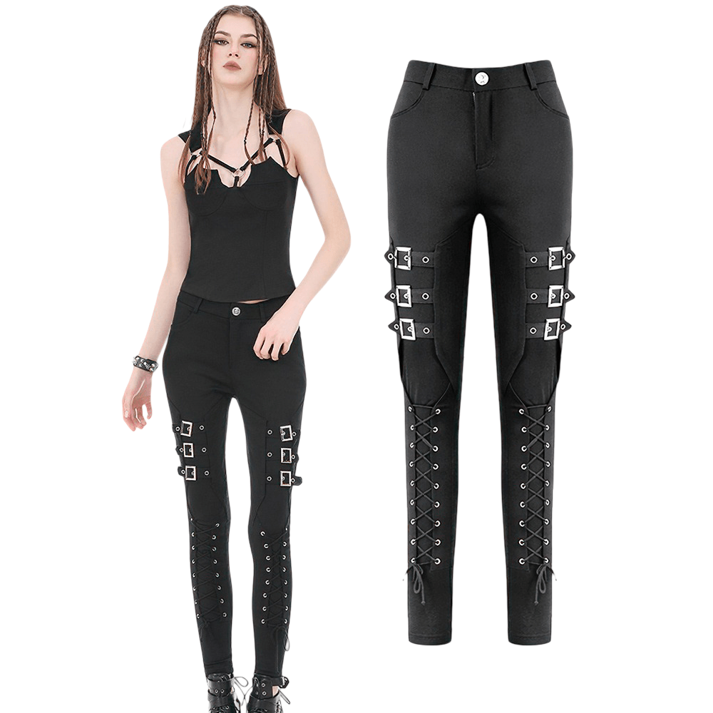 Bold Buckle Strap Lace Up Skinny Pants for Women styled with lace-up details and buckles for a striking punk look.