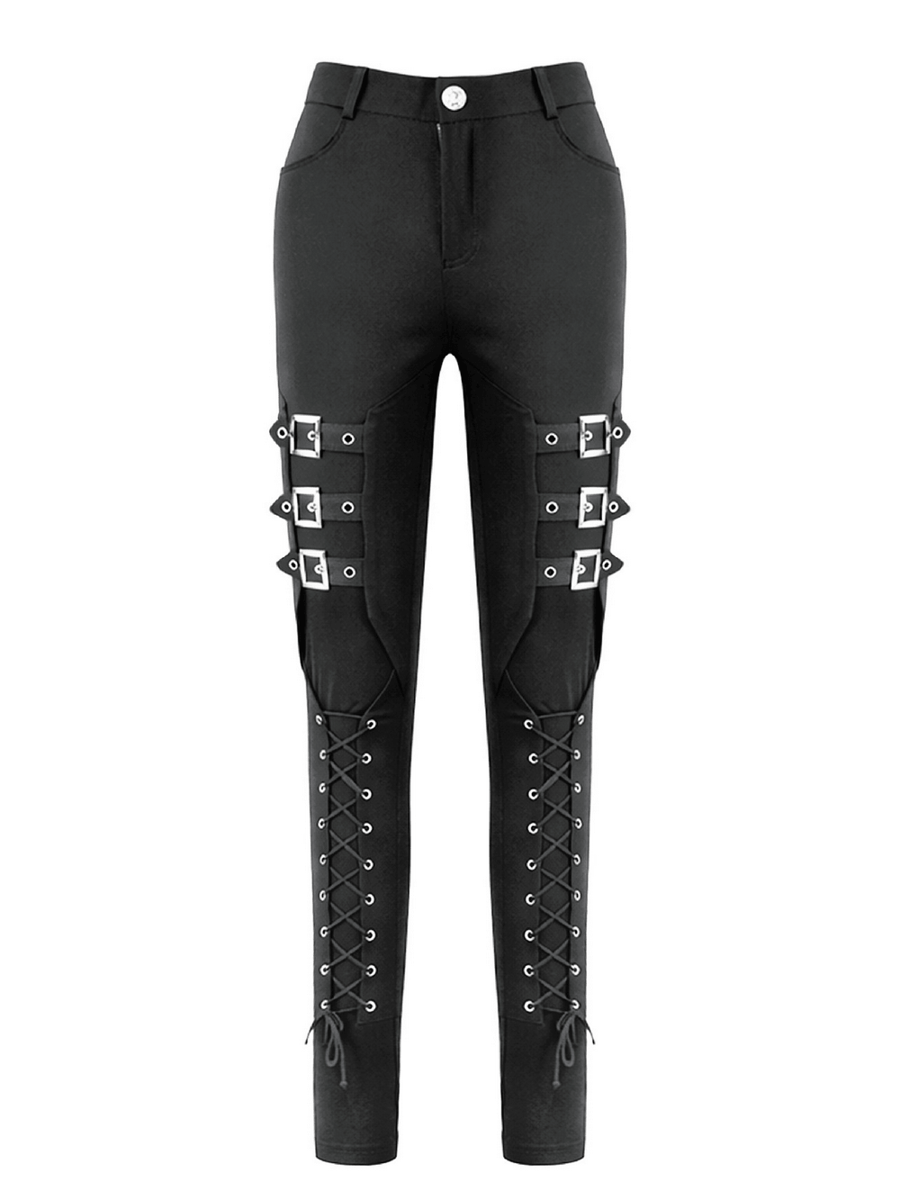 Bold Buckle Strap Lace Up Skinny Pants for Women featuring lace-up panels and buckle details for a punk rock vibe.