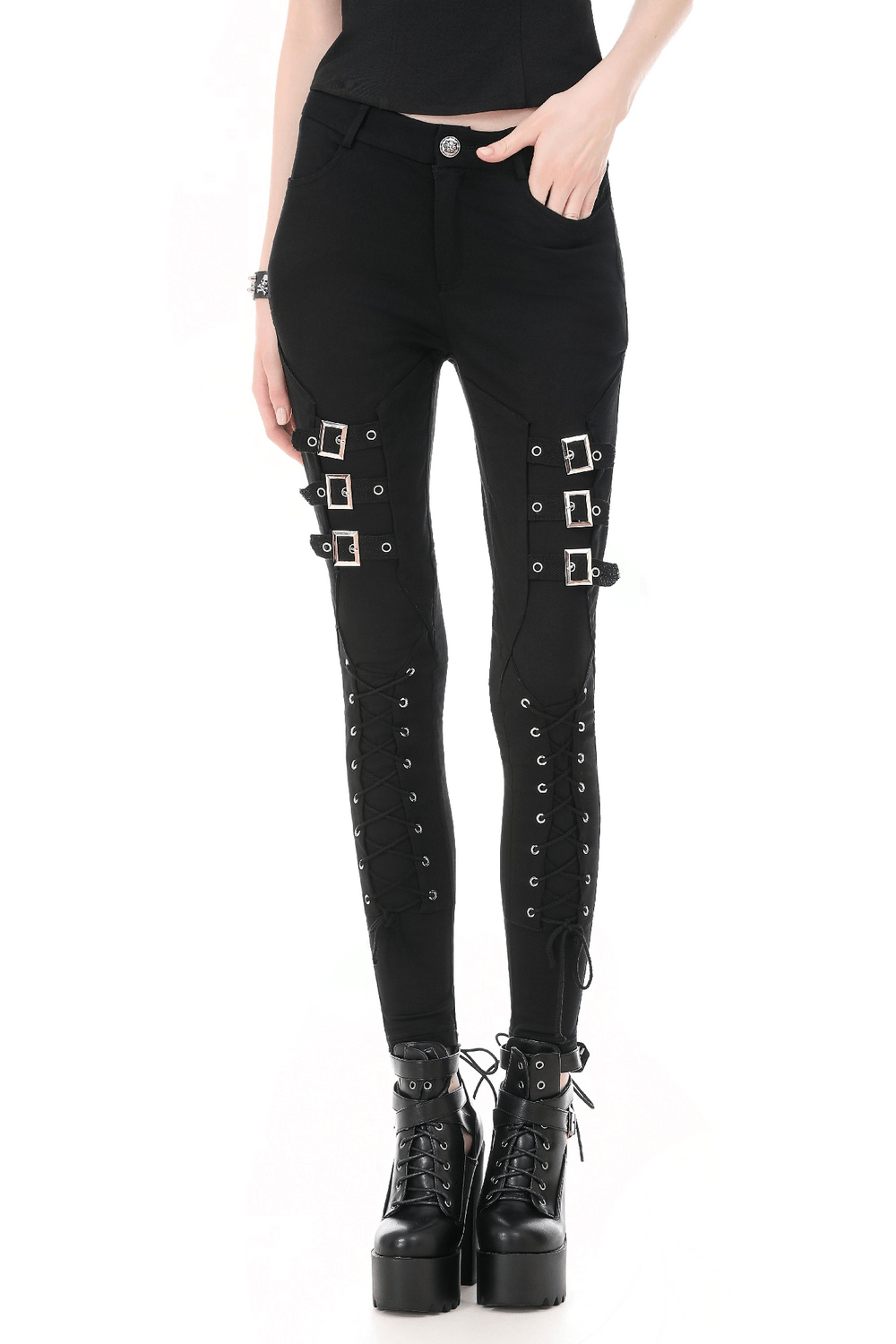 Bold Buckle Strap Lace Up Skinny Pants for Women showcasing dark punk style with buckle and lace-up details.