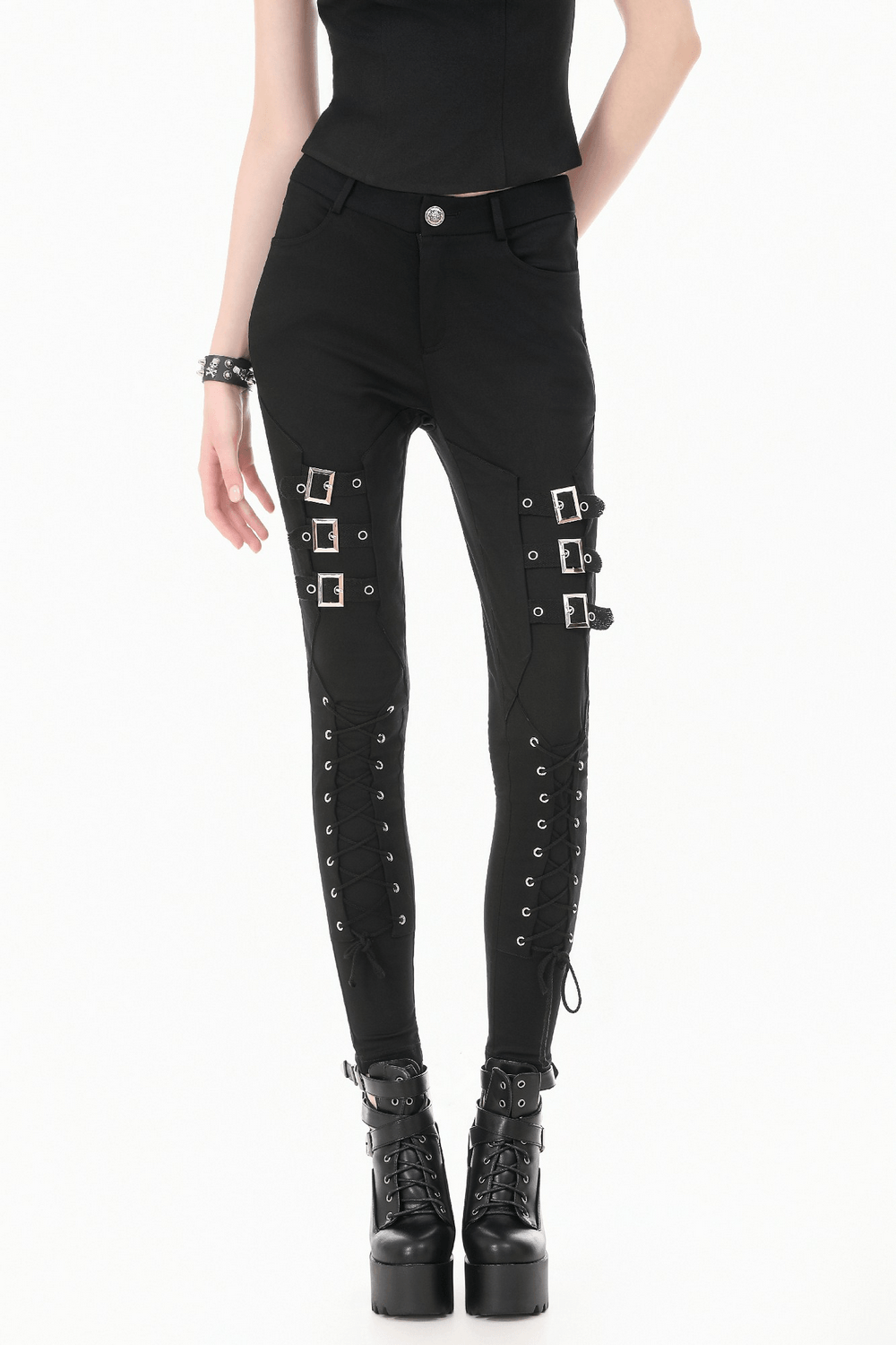 Bold Buckle Strap Lace Up Skinny Pants for Women featuring corset leg detail and silver-tone hardware.