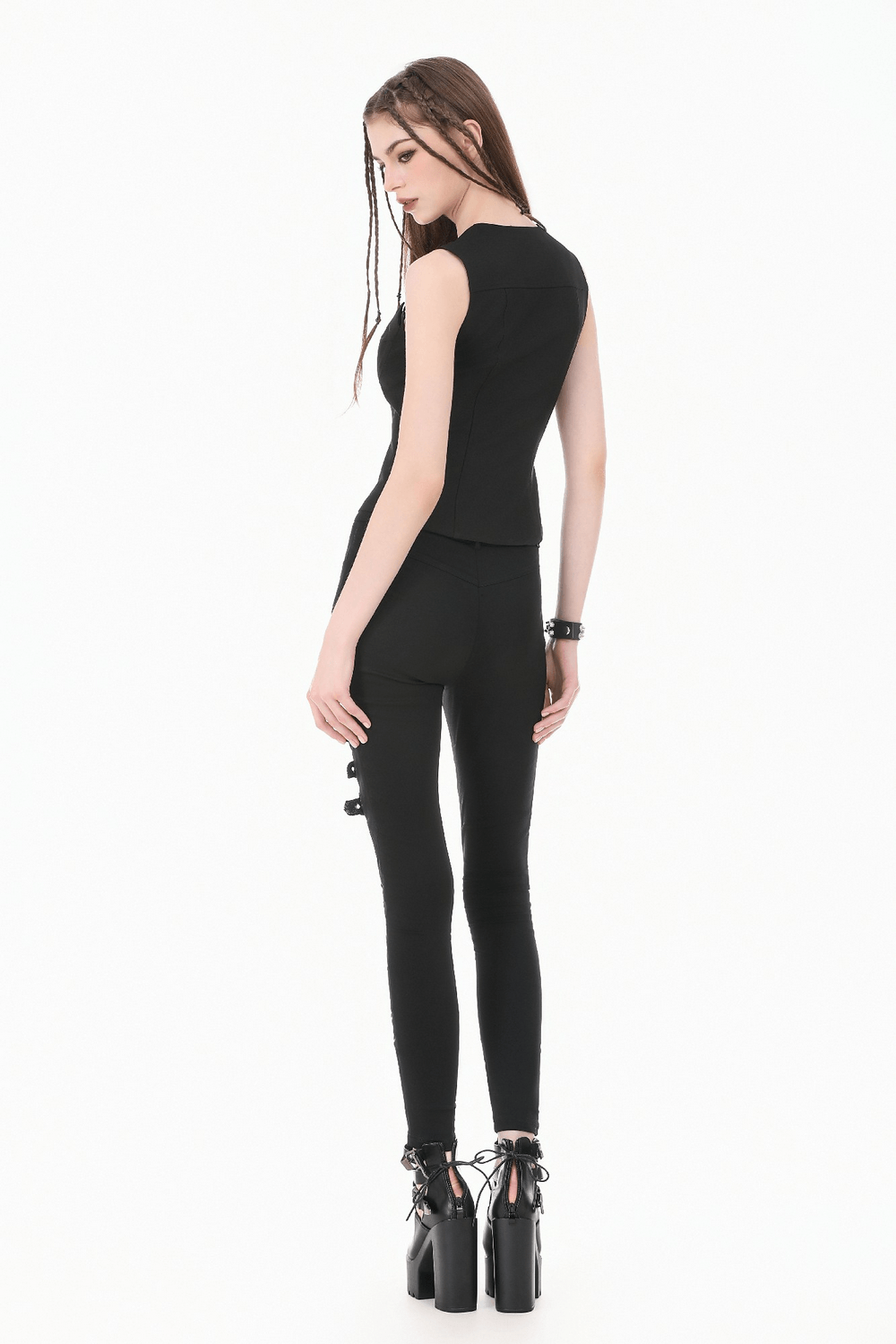 Bold Buckle Strap Lace Up Skinny Pants for Women showcased from the back, featuring high waist and corset leg details.