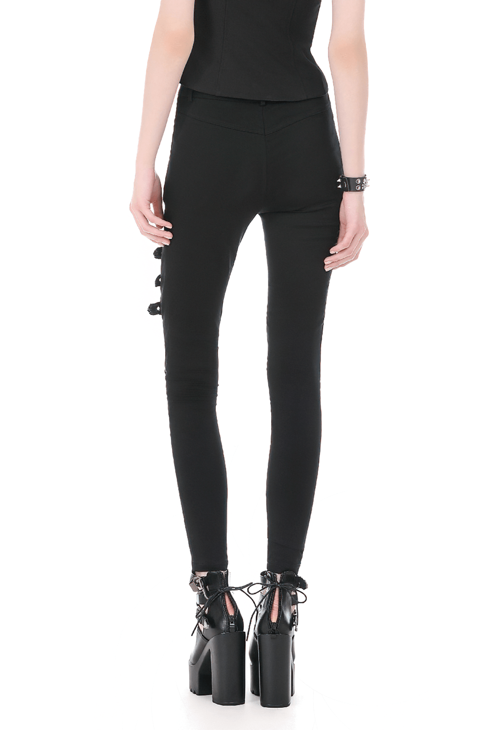 Back view of Bold Buckle Strap Lace Up Skinny Pants for Women, featuring lace-up lower-leg detail and a sleek silhouette.