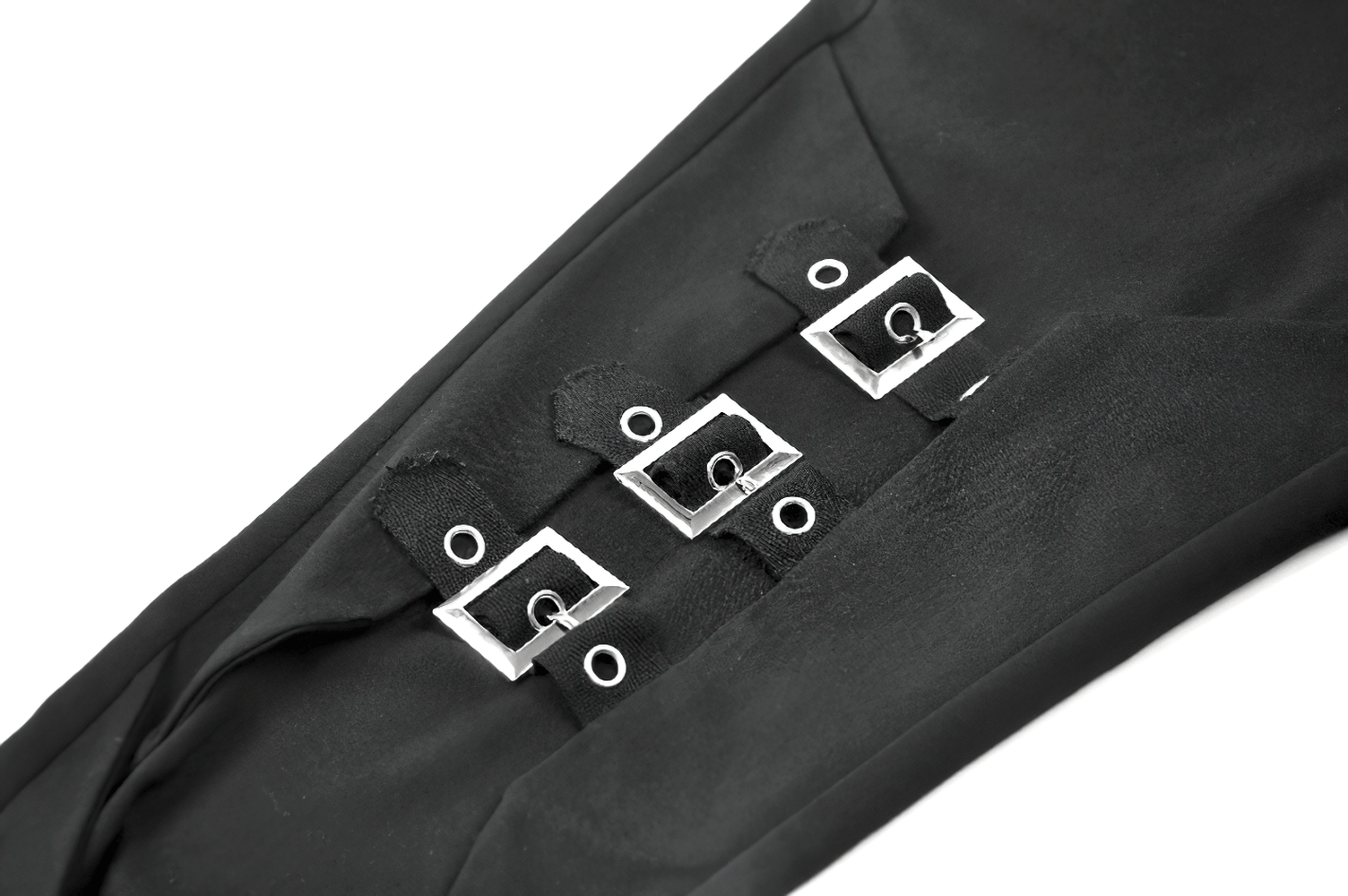 Bold Buckle Strap Lace Up Skinny Pants for Women close-up of buckle detail on dark fabric