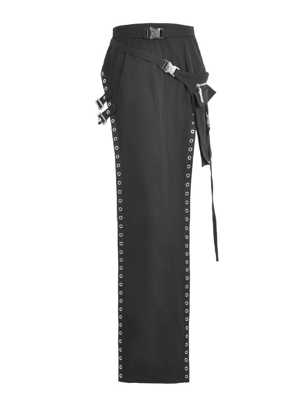 Bold Buckle Strap Maxi Skirt with Slit and Metal Trim featuring grommet details and adjustable buckles.