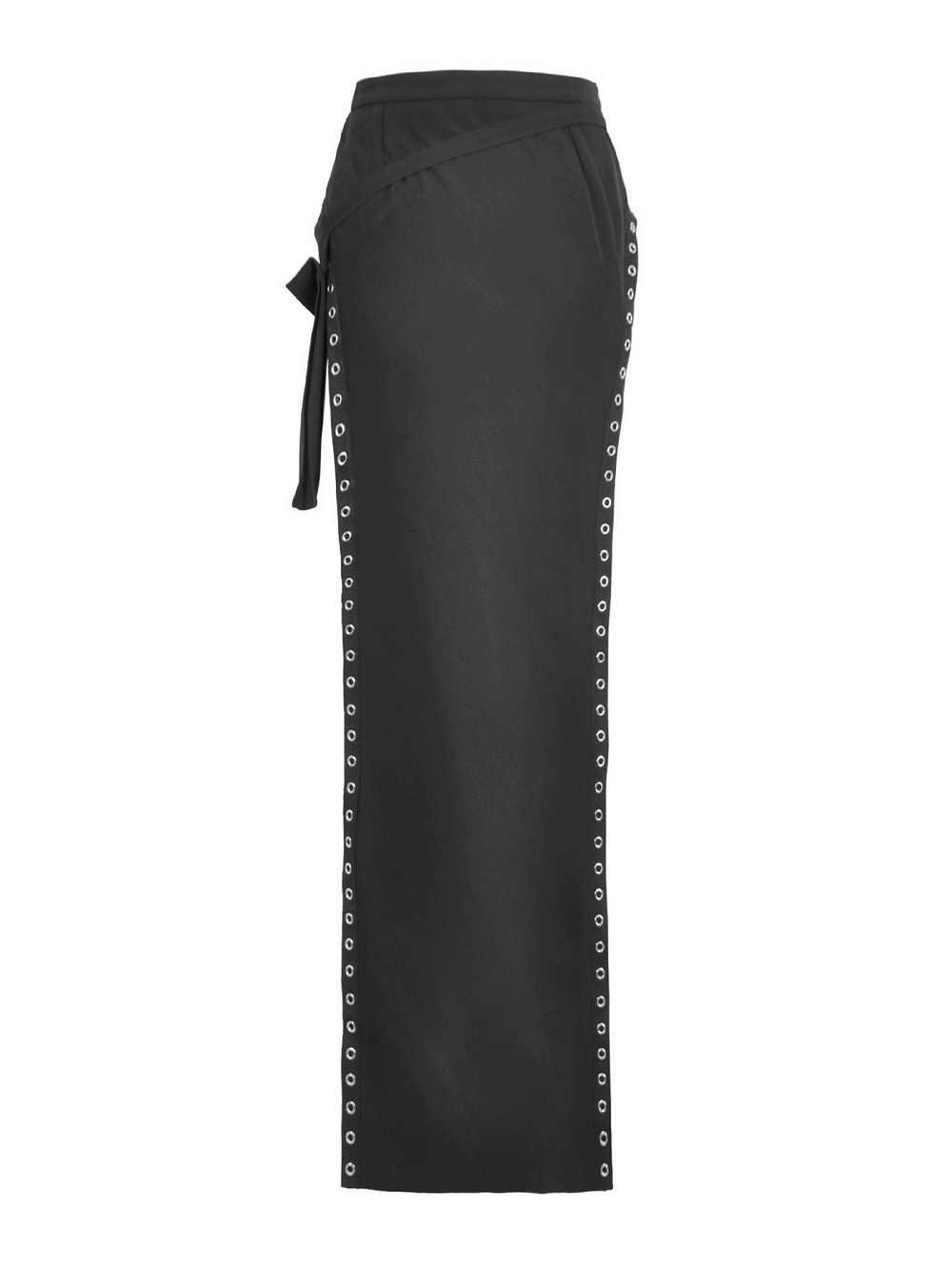 Bold Buckle Strap Maxi Skirt with Slit and Metal Trim featuring metal grommet detailing and adjustable buckles.