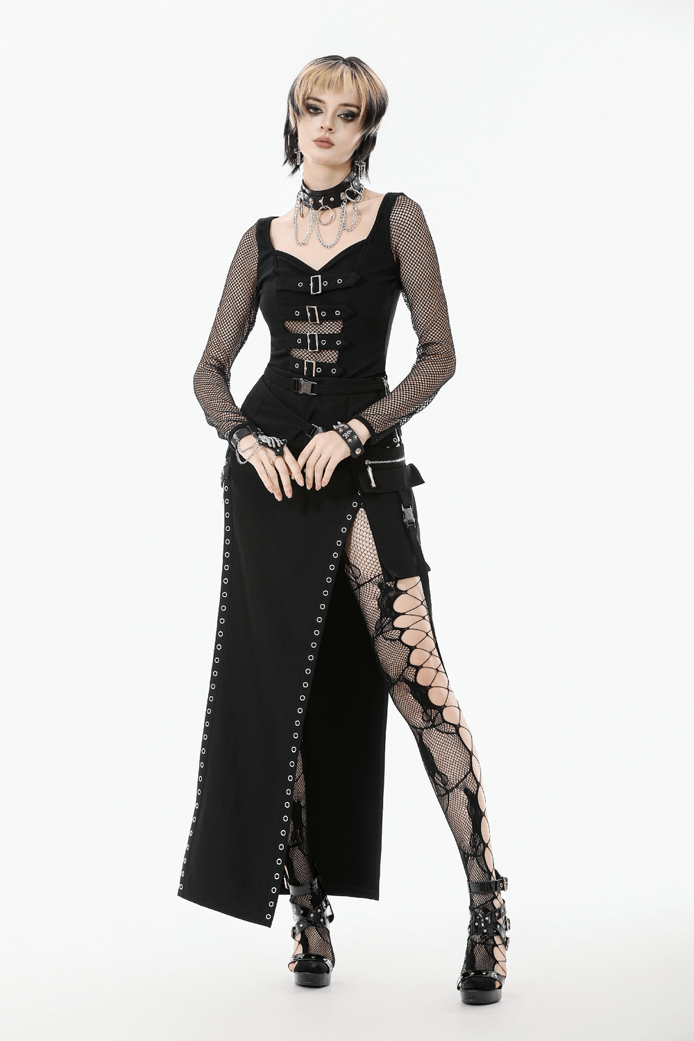 Bold Buckle Strap Maxi Skirt with Slit and Metal Trim worn by model in edgy punk outfit.