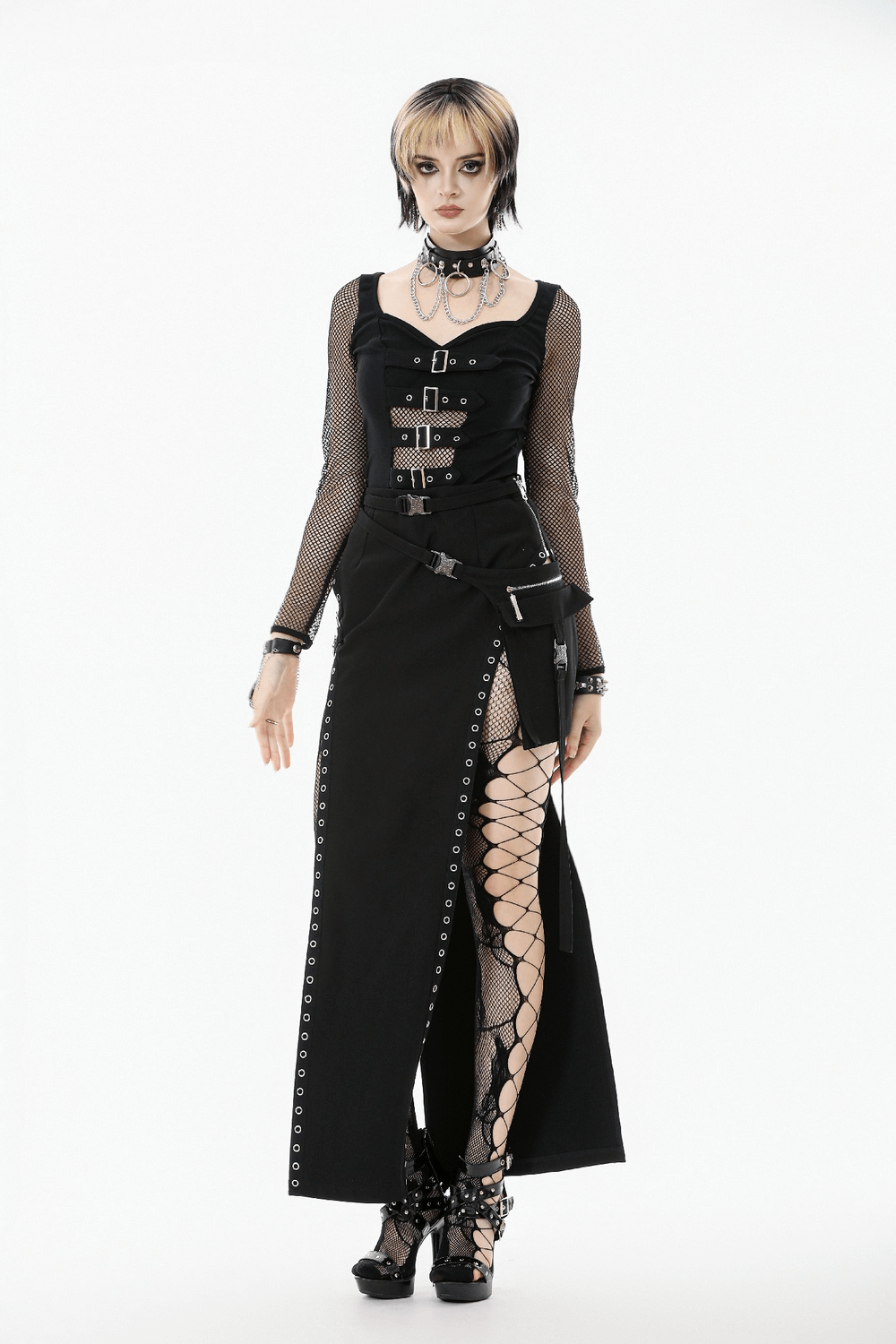 Bold Buckle Strap Maxi Skirt with Slit and Metal Trim worn by a model in a gothic outfit.