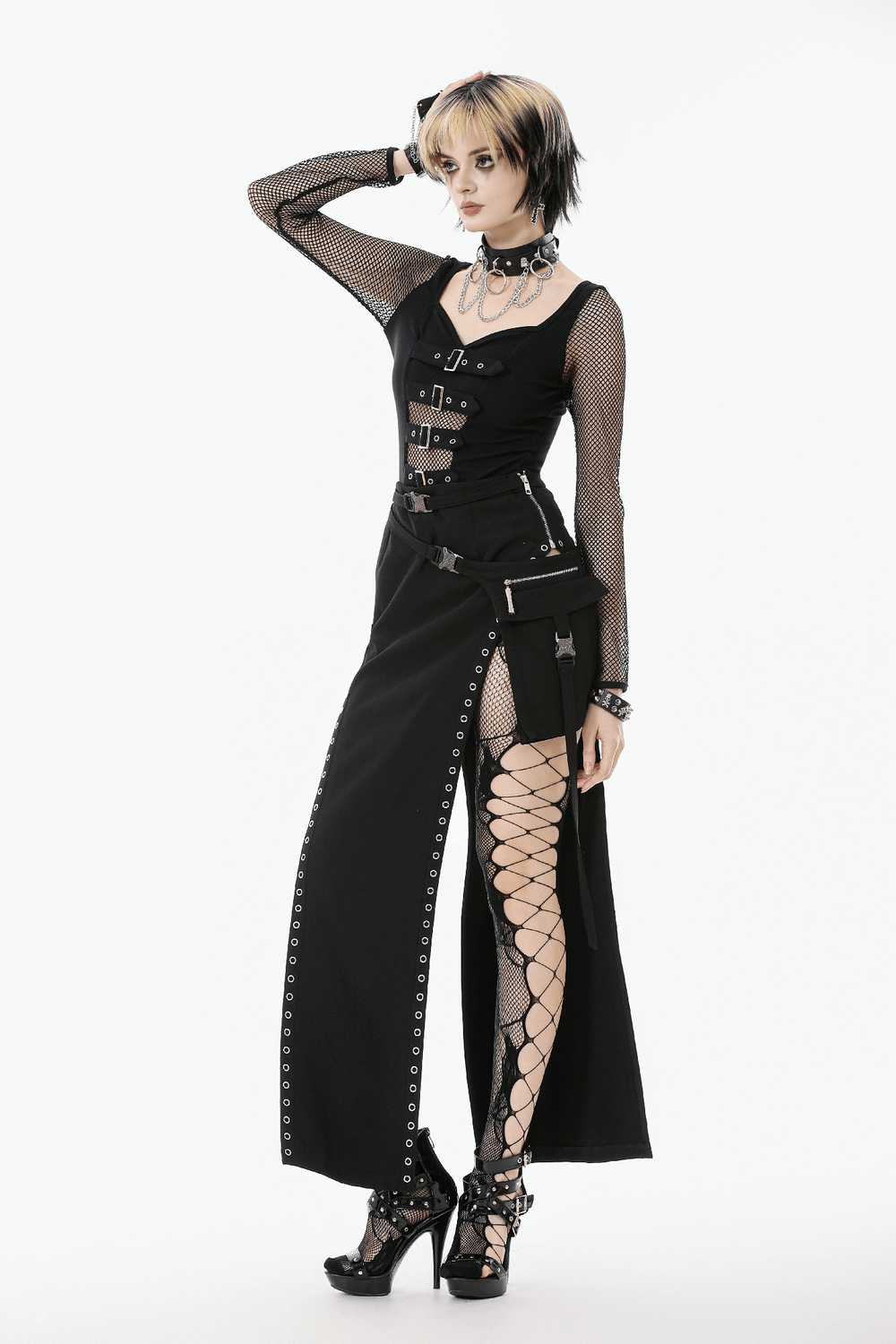 Bold Buckle Strap Maxi Skirt with Slit and Metal Trim worn by a model in edgy punk style.