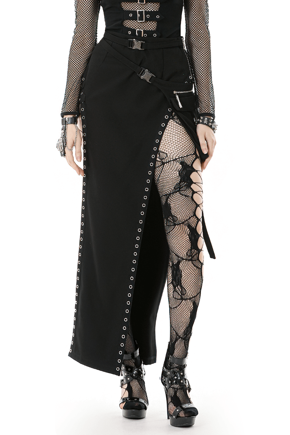 Bold Buckle Strap Maxi Skirt with Slit and Metal Trim featuring edgy strap accents and asymmetrical hem.