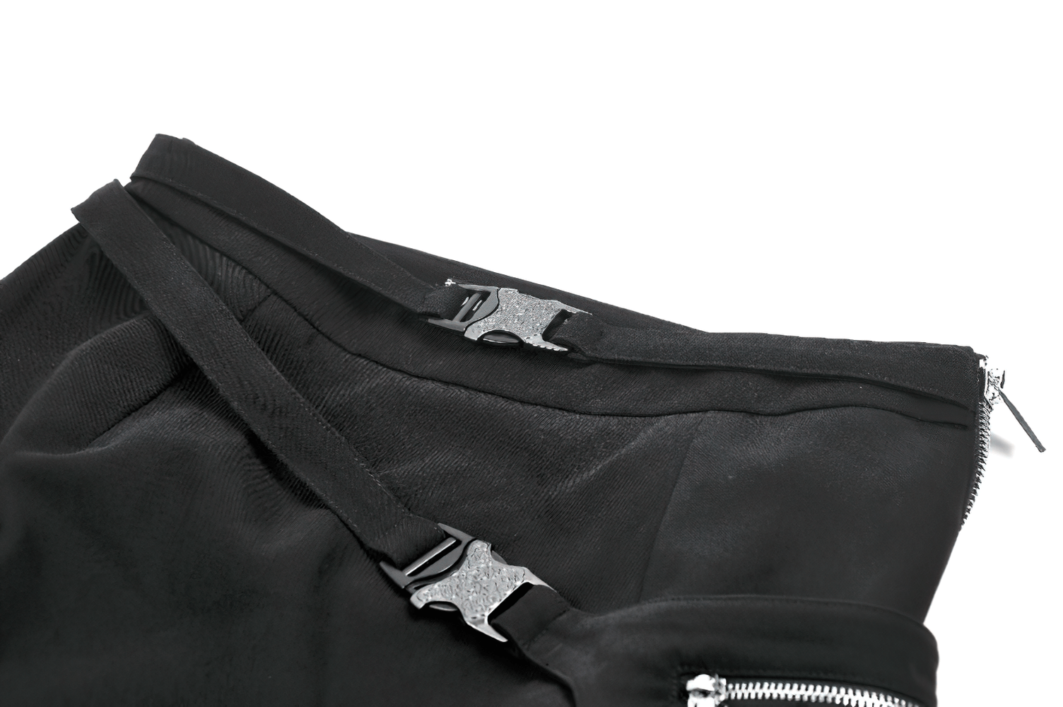 Close-up of Bold Buckle Strap Maxi Skirt with Slit and Metal Trim showcasing adjustable buckles and zippers.