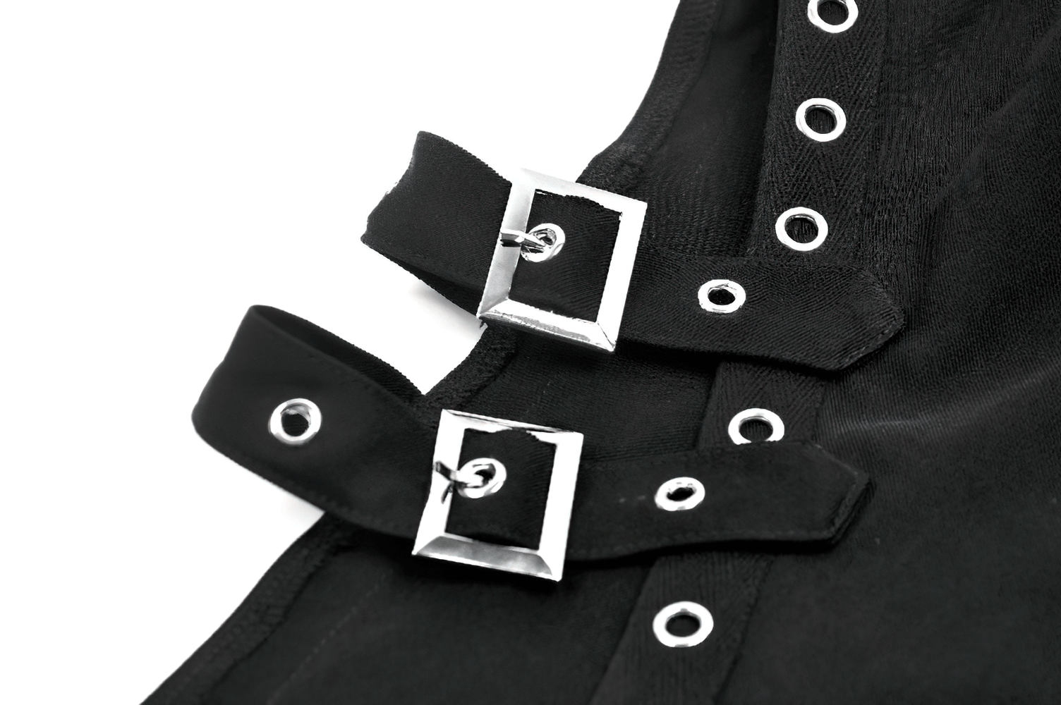 Bold Buckle Strap Maxi Skirt with Slit and Metal Trim close-up showing adjustable buckle and grommet details.