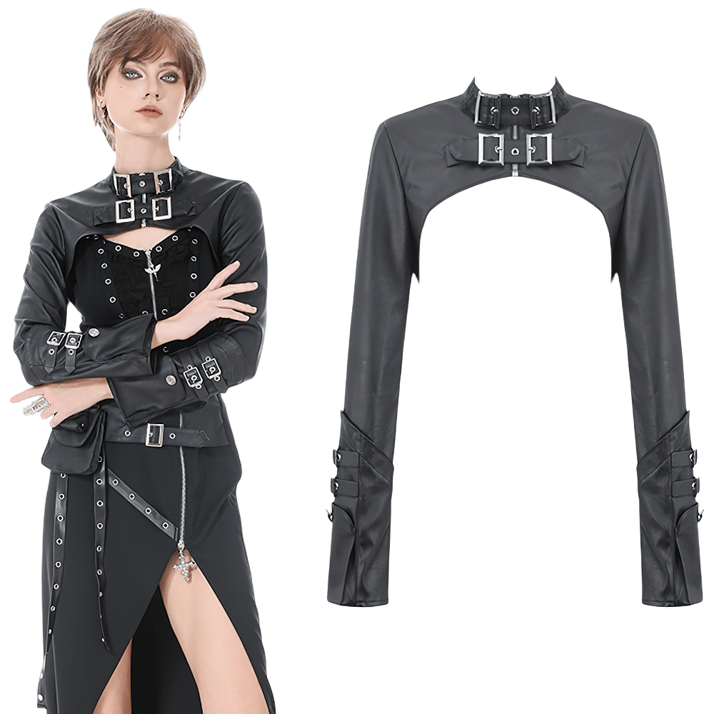 Bold Cropped Cape with Buckles and Long Sleeves showcasing a gothic style and edgy faux leather design.