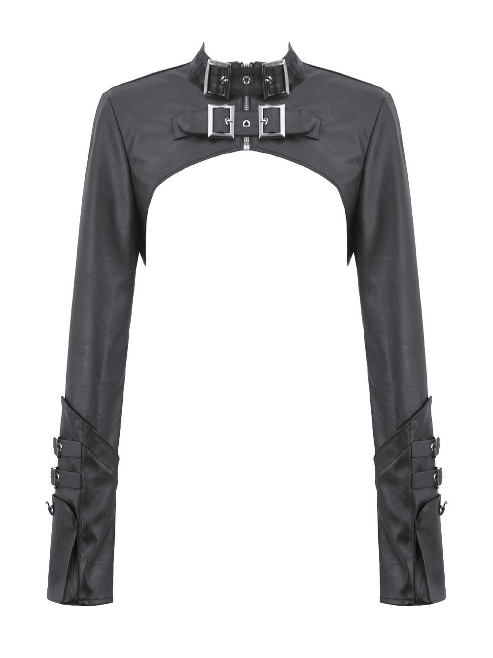 Bold Cropped Cape with Buckles and Long Sleeves - Gothic faux leather with edgy buckles and long sleeves.