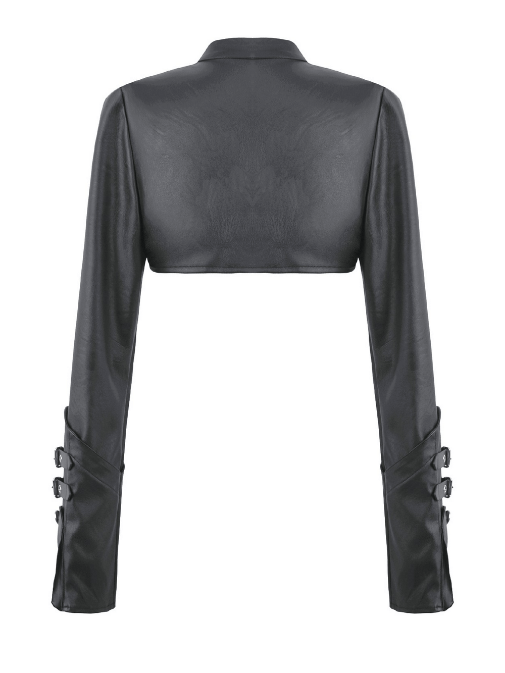 Bold Cropped Cape with Buckles and Long Sleeves, showcasing the back view with stylish buckle details.