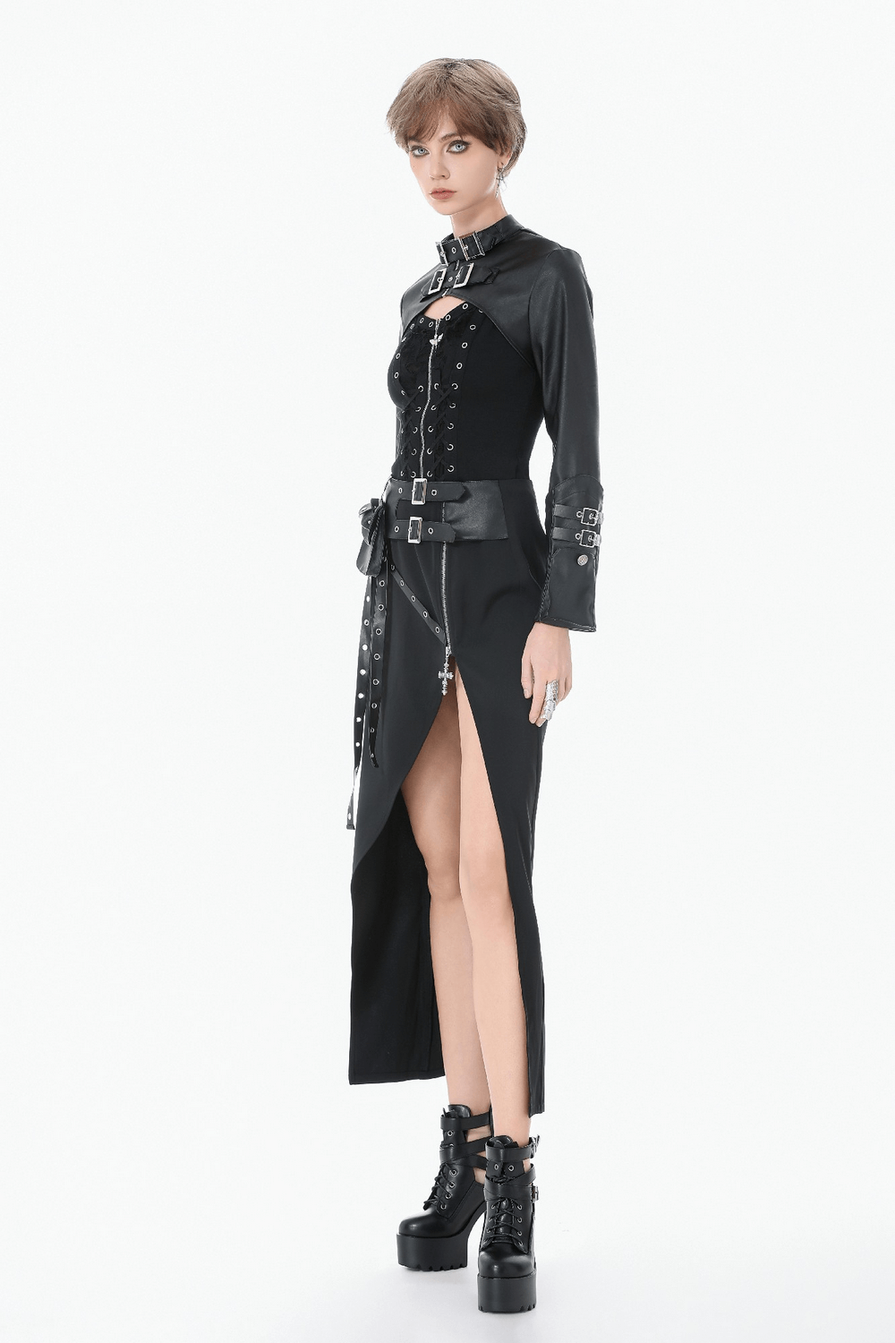 Bold Cropped Cape with Buckles and Long Sleeves worn by a model, showcasing a sleek gothic fashion style.