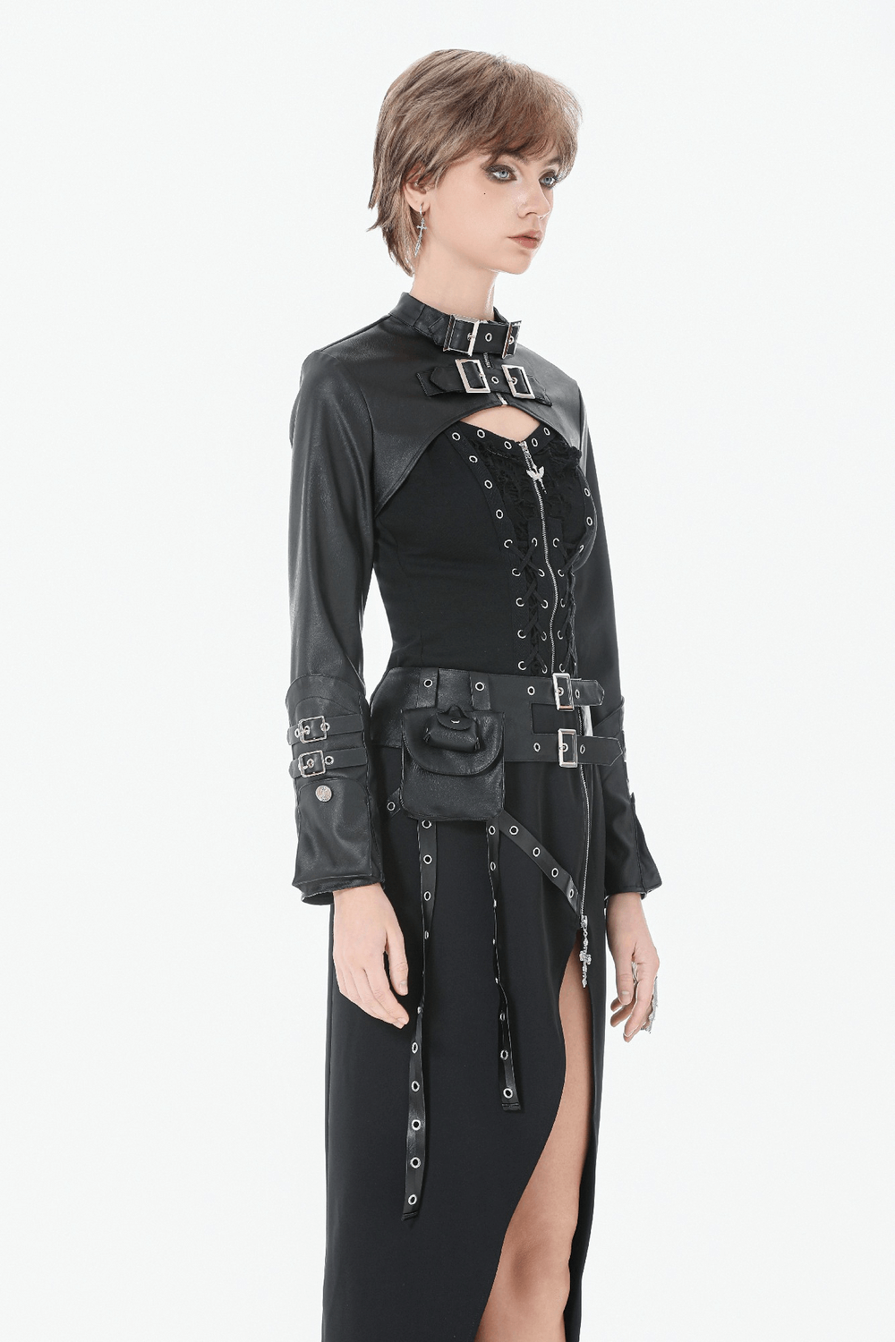 Bold Cropped Cape with Buckles and Long Sleeves worn by a model showcasing gothic fashion style.