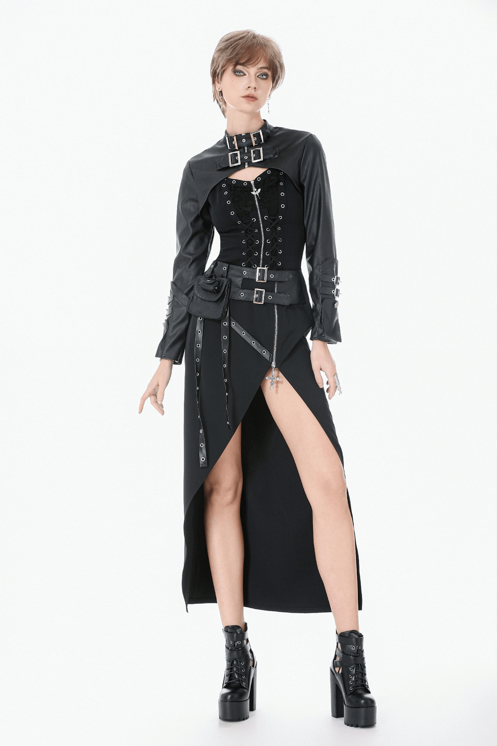 Bold Cropped Cape with Buckles and Long Sleeves worn with edgy gothic style.