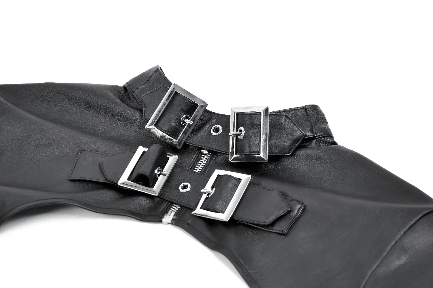 Bold Cropped Cape with Buckles and Long Sleeves - faux leather cape collar with edgy buckle details.