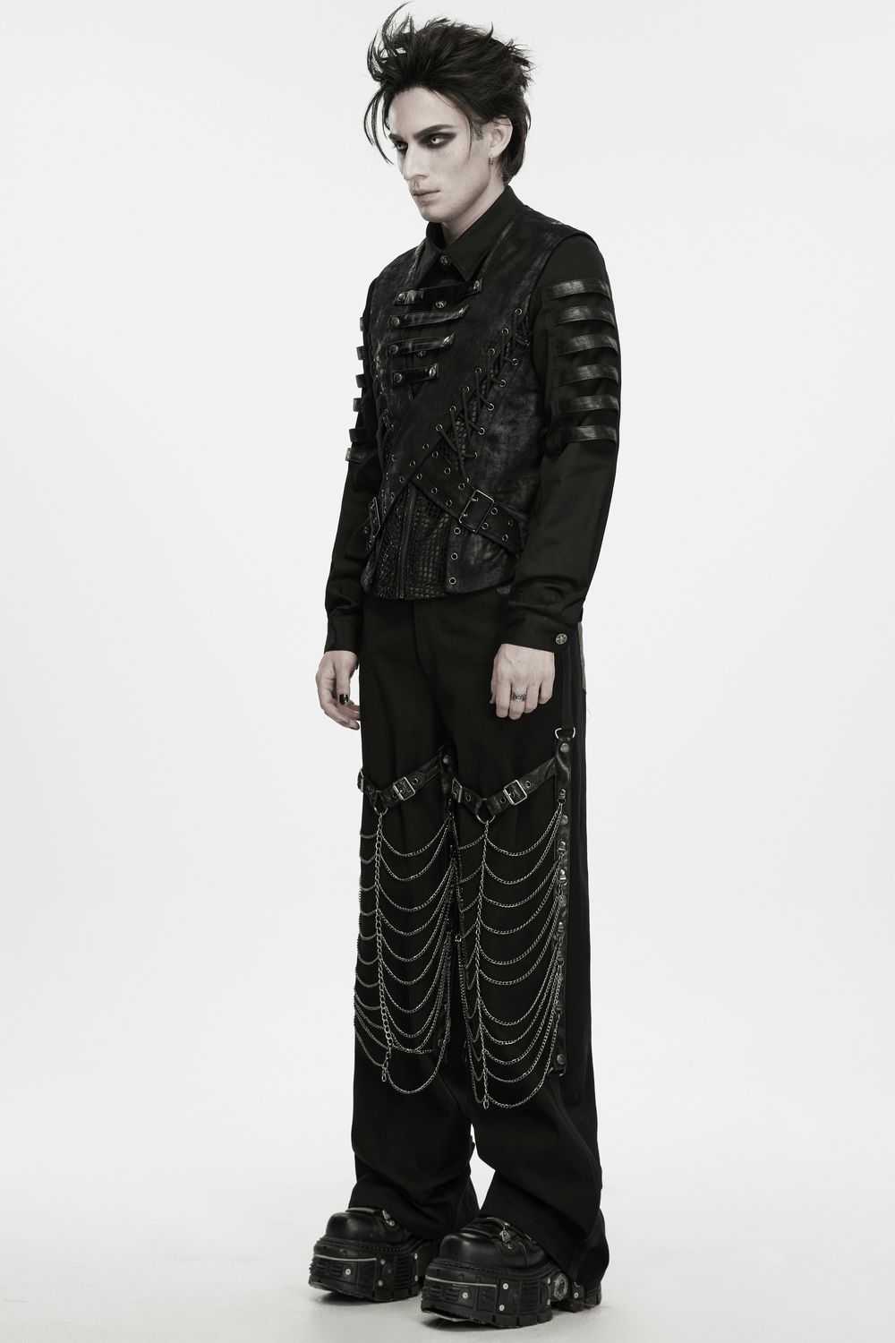 Bold Cross Panel Sleeveless Vest with Lace Up Back Detail, men's punk black vest with mesh panels and snap straps