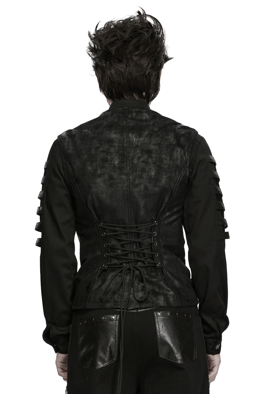 Bold Cross Panel Sleeveless Vest with Lace Up Back Detail men's punk black vest with cross panels and mesh back