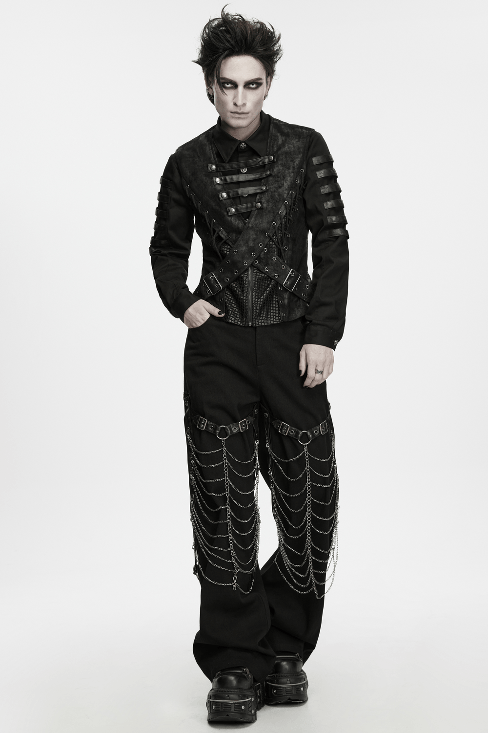 Bold Cross Panel Sleeveless Vest with Lace Up Back Detail men's punk vest with snaps, mesh panels, straps, and edgy cross details