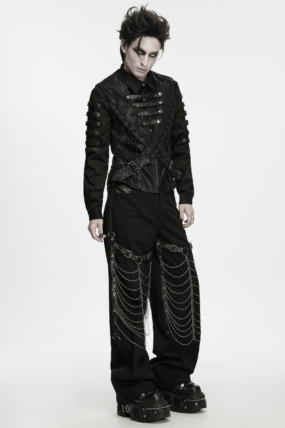 Bold Cross Panel Sleeveless Vest with Lace Up Back Detail men's punk vest with mesh panels, snap straps, and cross panels