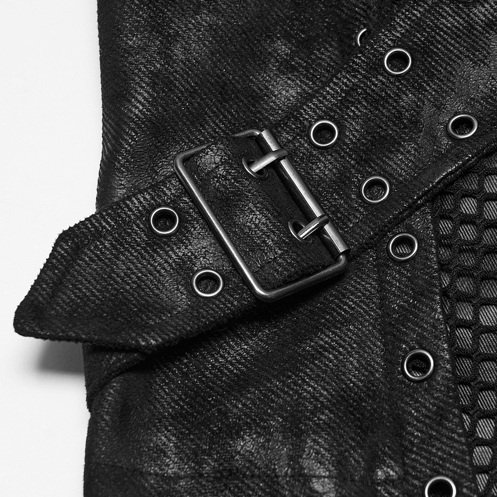 Bold Cross Panel Sleeveless Vest with Lace Up Back Detail, black punk men's vest with snap strap and eyelet buckle detail
