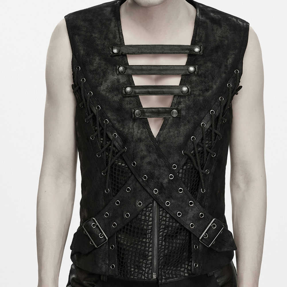 Bold Cross Panel Sleeveless Vest with Lace Up Back Detail men's punk vest with mesh panels, snap straps, and cross-structure front