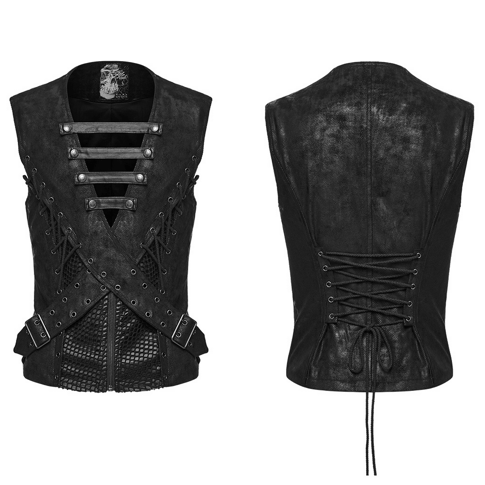 Bold Cross Panel Sleeveless Vest with Lace Up Back Detail black men's punk vest with cross panels, mesh and snap straps
