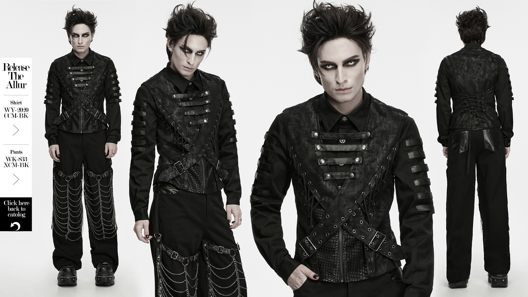 Bold Cross Panel Sleeveless Vest with Lace Up Back Detail men's punk black vest with cross straps, mesh panels and snap details