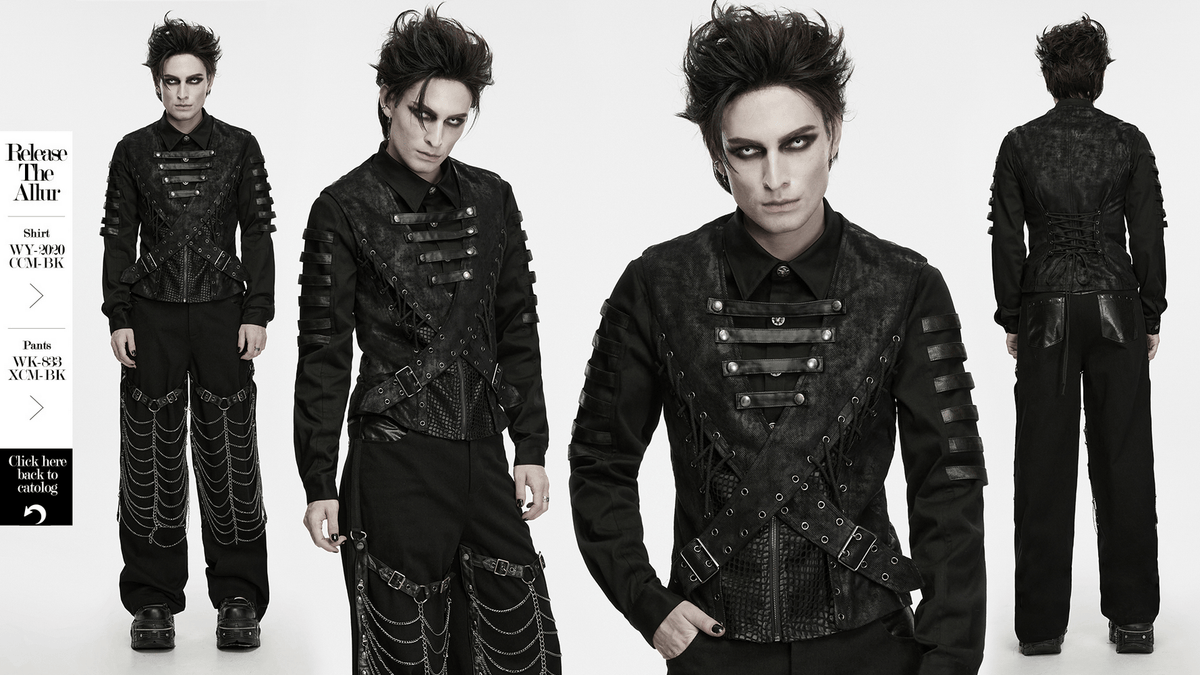 Bold Cross Panel Sleeveless Vest with Lace Up Back Detail men's punk black vest with cross straps, mesh panels and snap details