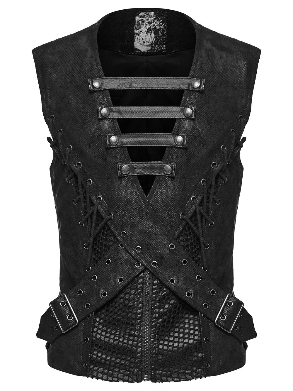 Bold Cross Panel Sleeveless Vest with Lace Up Back Detail, men's black punk vest with mesh panels and snap straps