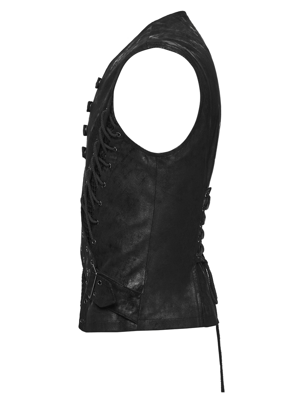 Bold Cross Panel Sleeveless Vest with Lace Up Back Detail men's black punk vest with side lacing and snap straps