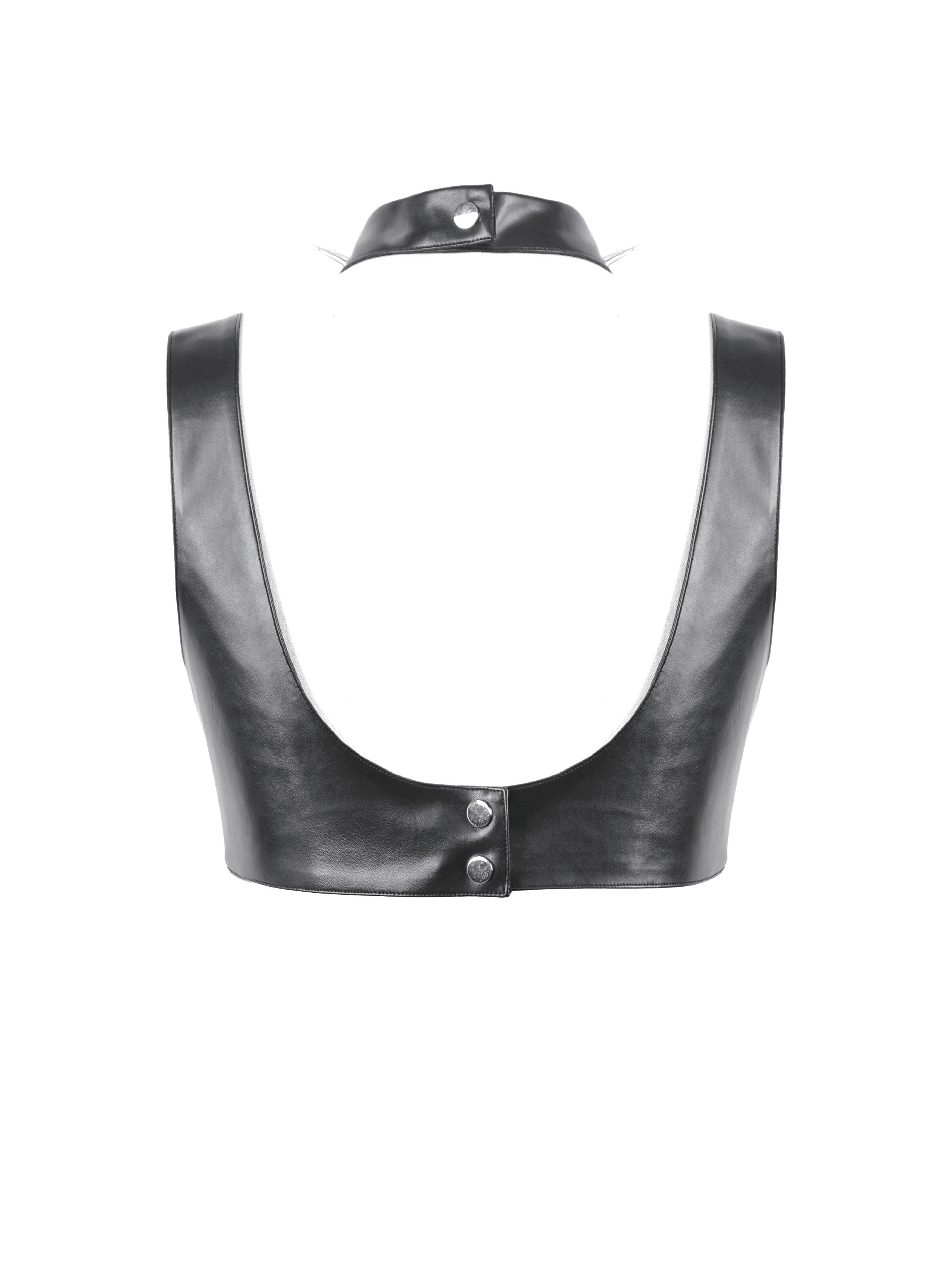 Back view of bold faux leather spike bra top with neck harness strap and snap closure, perfect for gothic punk fashion.