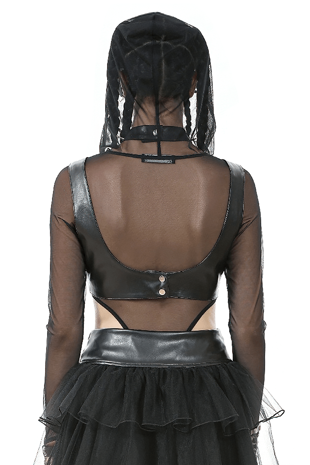 Back view of a gothic faux leather bra top with sheer sleeves, layered skirt, and choker neck design.