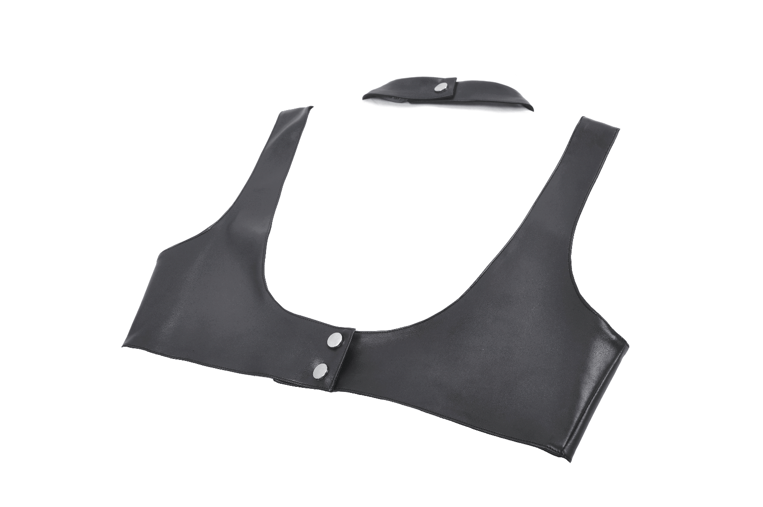 Bold faux leather spike bra top with detachable neck harness, perfect for punk and gothic fashion.