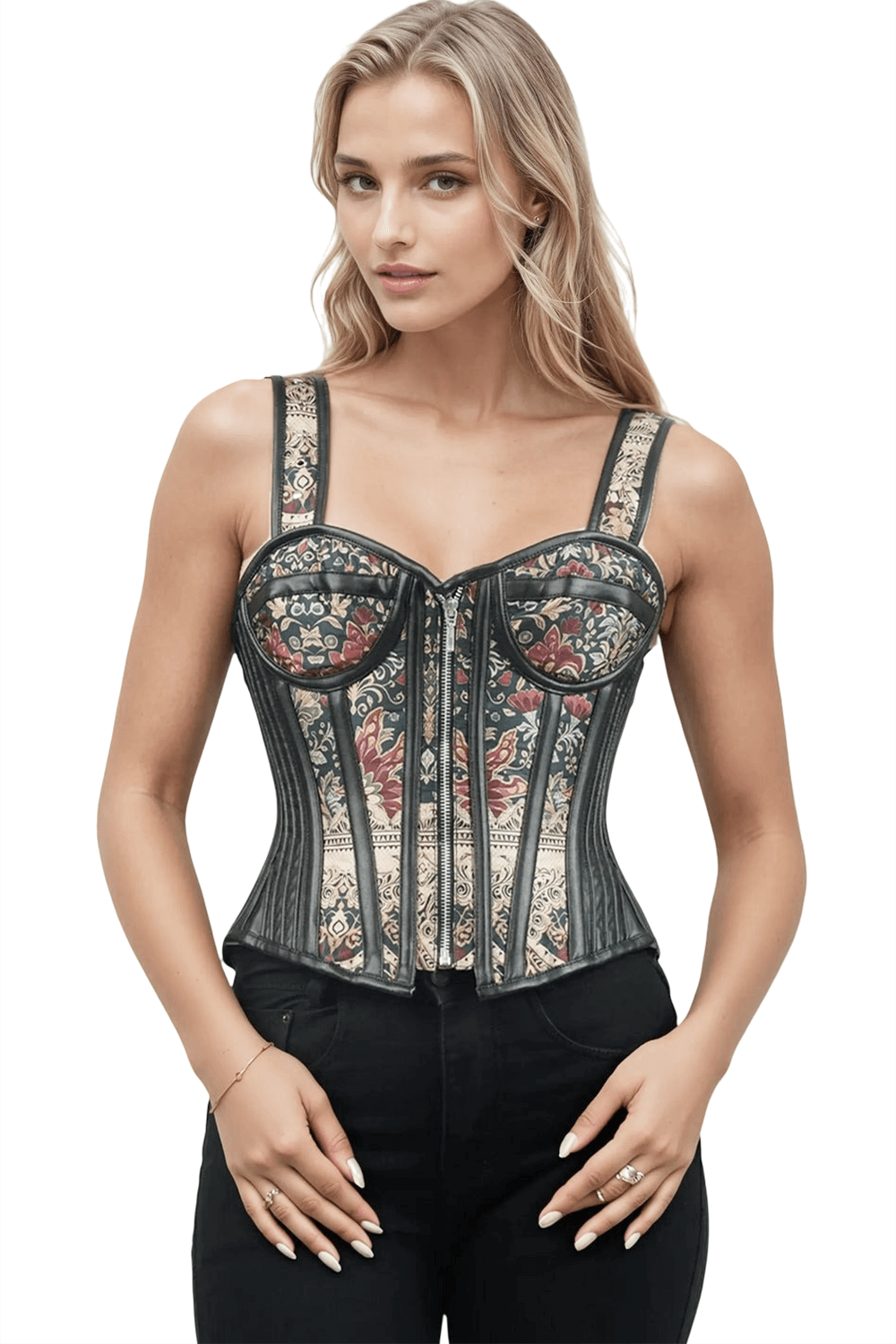 Bold Floral Prined Overbust Corset with Straps showcasing a vintage gothic style with emerald and ruby florals.