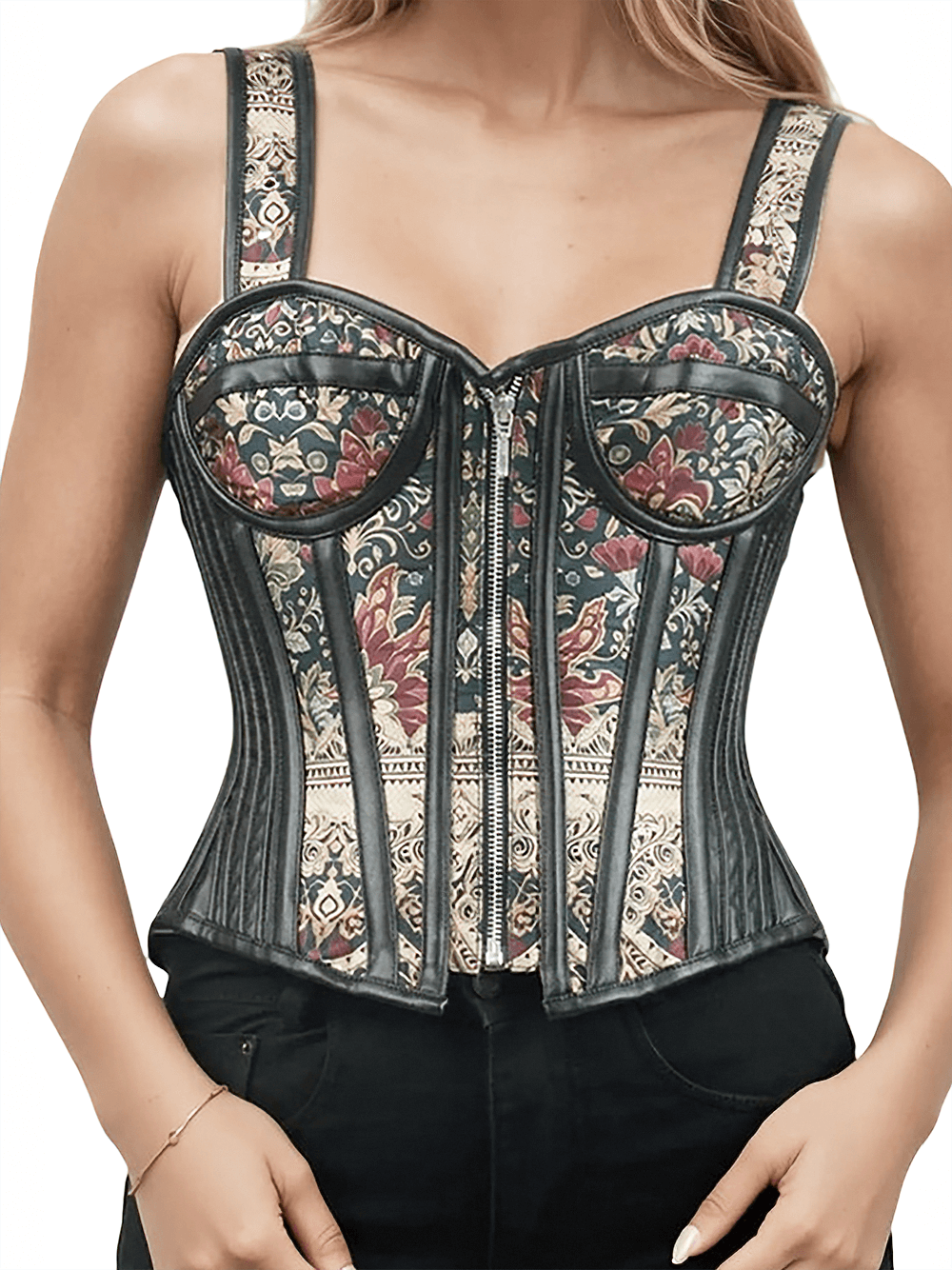 Bold Floral Prined Overbust Corset with Straps in green and gold floral design, featuring structured straps and steel boning.