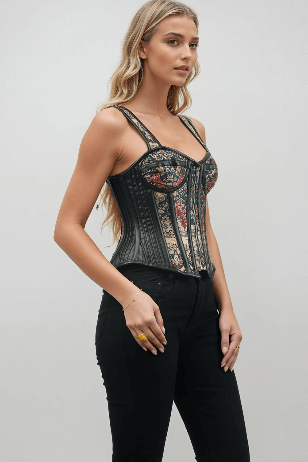 Bold Floral Prined Overbust Corset with Straps shown in green and gold floral design, perfect for gothic and vintage looks.