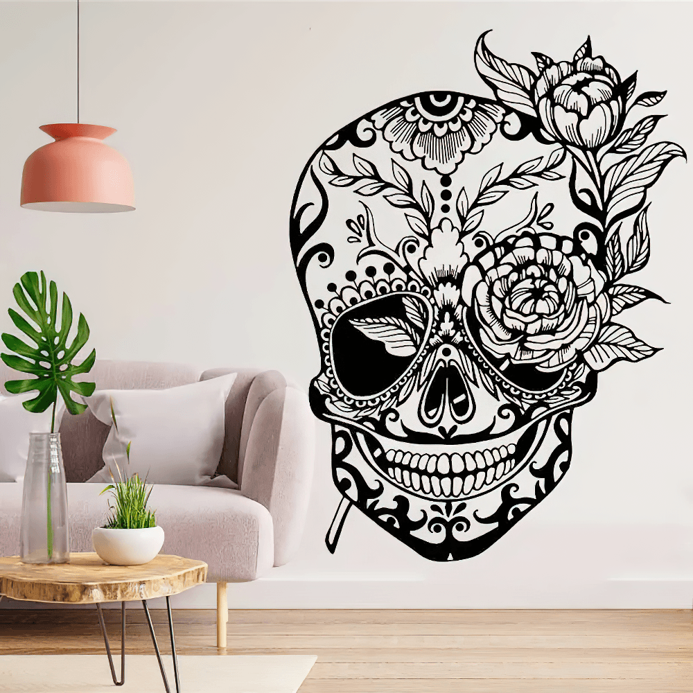 Bold Floral Sugar Skull Day of the Dead Wall Decal with intricate floral design on a living room wall.